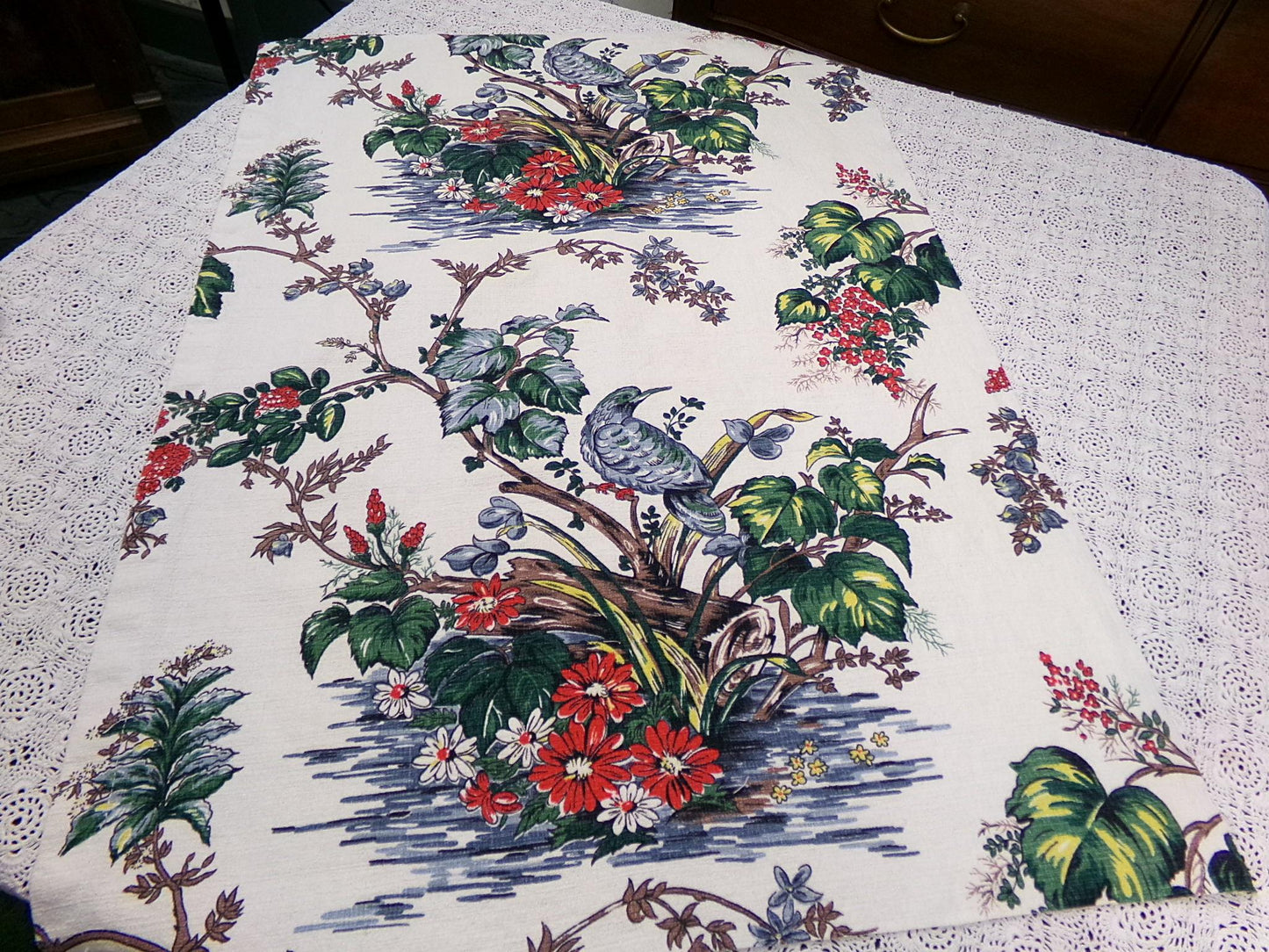 Vintage Barkcloth Fabric Panel Paloma Exotic Bird & Floral Botanical Print, 20x30"