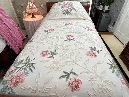 Heirloom Rose Vintage Chenille Bedspread Cream Ivory Vines Cabin Crafts Full Sz