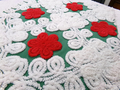 Evergreen Rose Vintage Chenille Fabric, white swirl sewing craft quilt material, 20" x 24" piece