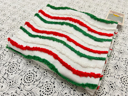 Vintage Christmas Chenille Fabric, Red, Green & White Ripple Stripe 16x27"