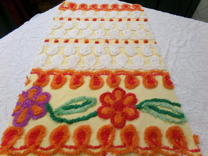 Sunny Side Up Yellow Vintage Chenille Fabric, tufted floral curlicue dots, piece sewing craft quilt material, 16" x 27"