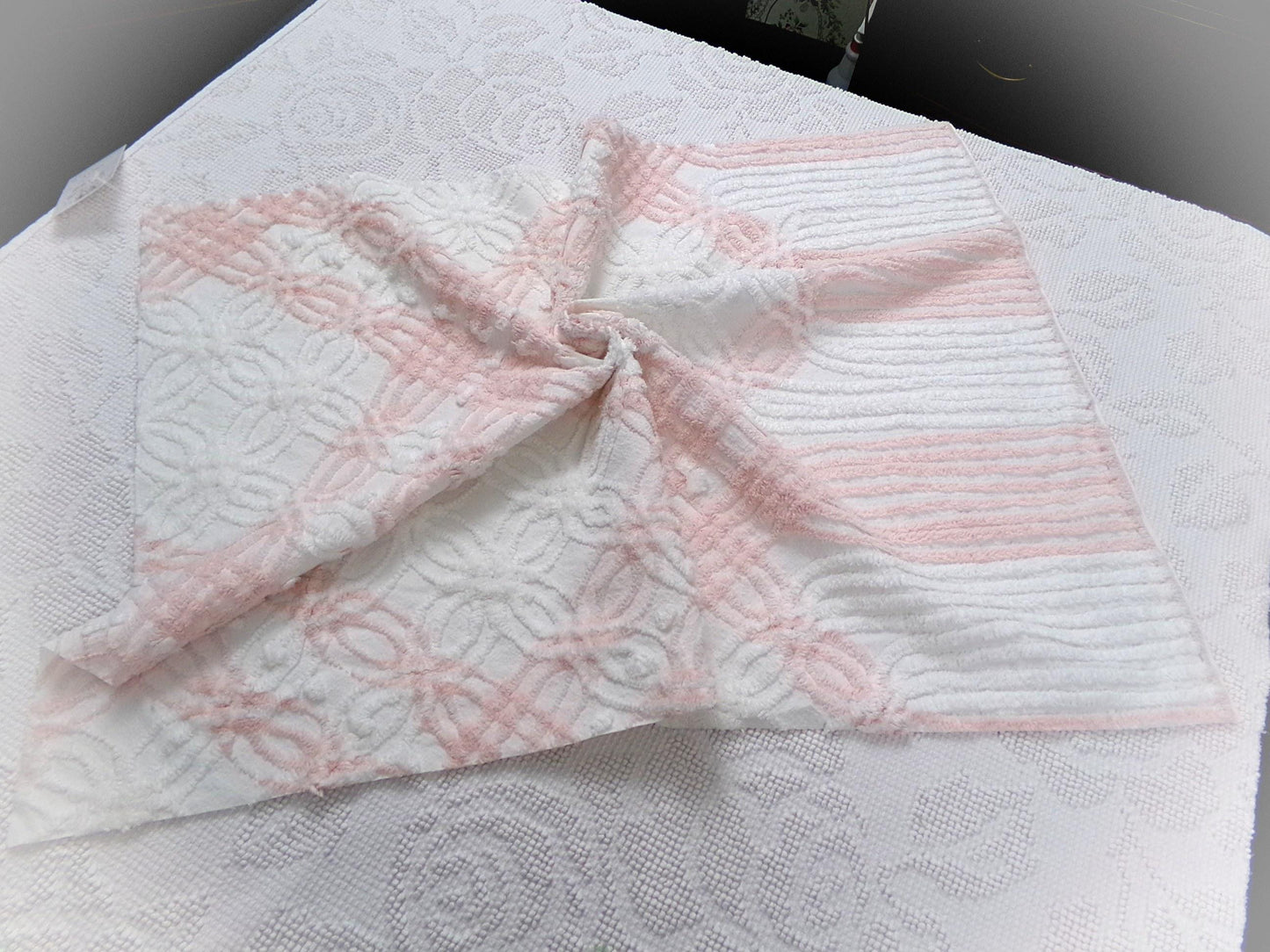 Pink & White Vintage Chenille Fabric, geometric craft quilt material, 27" x 19"