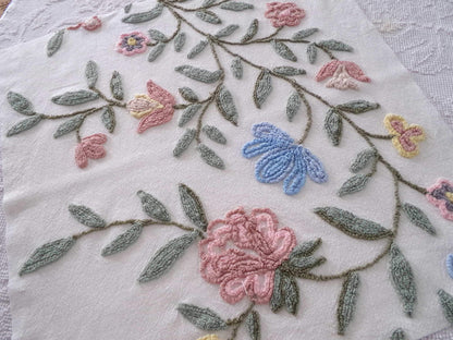 Boho Wildflowers Vintage Chenille Fabric, Natural Vining Rose Florals, 20" x 22" piece