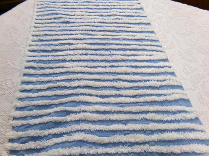 Trendy Coastal Blue & White Striped Vintage Chenille Fabric, Craft Quilt Material, 16" x 27" Piece