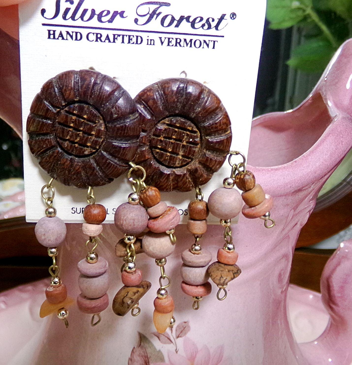 Boho Vintage Silver Forest Wood Dangle Earrings, Pierced Post Back