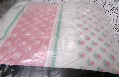 Vintage Twin Flannel Flat Sheet Floral Tulip Heart Design Pink Green White, 100% Cotton
