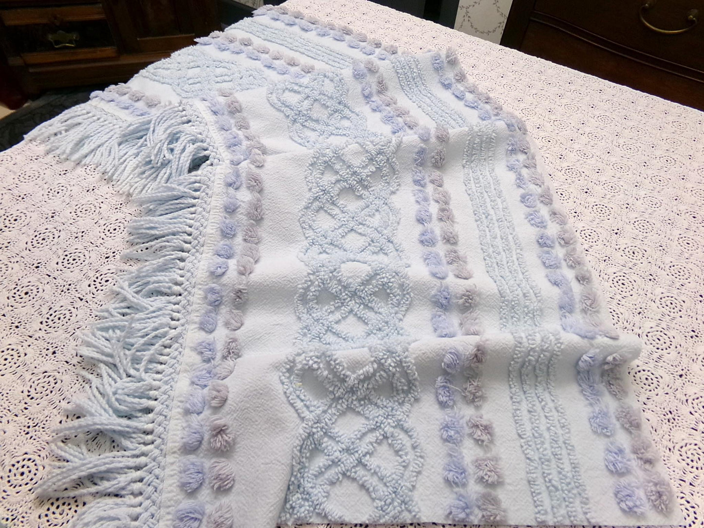 cool blue grey vintage chenille bedspread fabric boho fringe 13x36" cabin crafts
