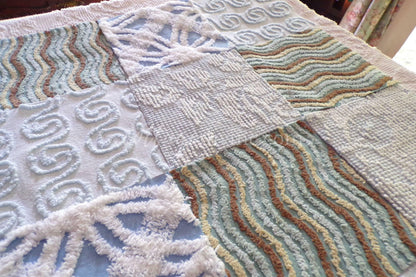 Breezy Blues Vintage Chenille Fabric Squares, Set of 17 Quilt Blocks, 6" x 6" inch, for Slow Stitching, Junk Journals, Quilting