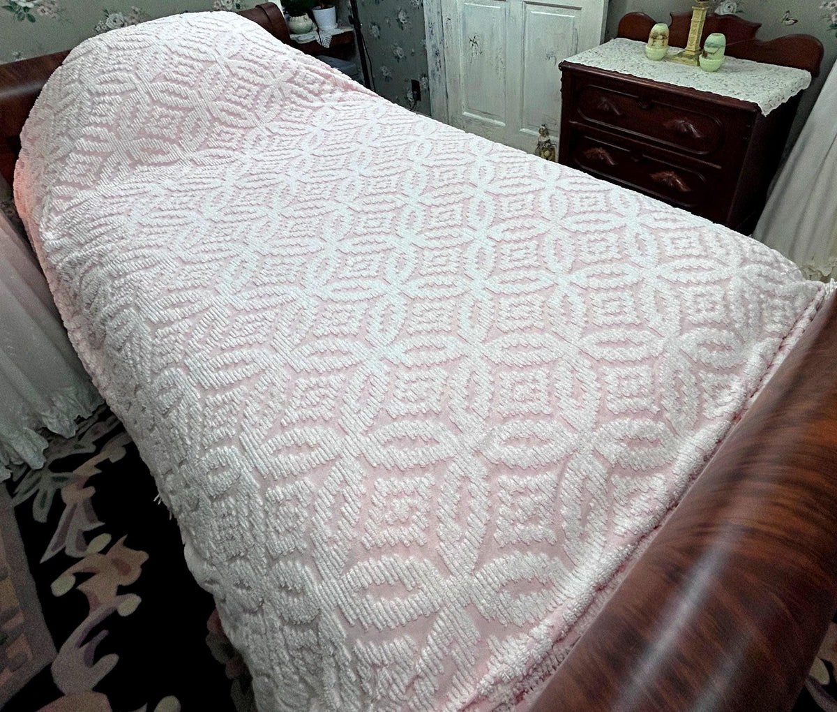 Vintage White & Pink Chenille Bedspread, Twin Size Coverlet, Accent Fringe