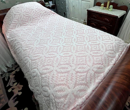 Vintage White & Pink Chenille Bedspread, Twin Size Coverlet, Accent Fringe