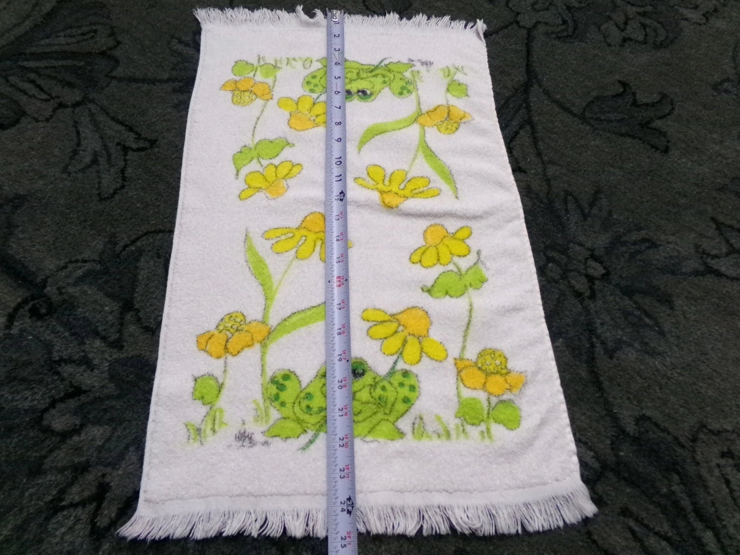 Vintage Frog Towel 1970s Boho Cannon Kitchen Hand Terry Towel 14X24" w/ Fringe