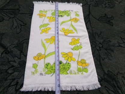 Vintage Frog Towel 1970s Boho Cannon Kitchen Hand Terry Towel 14X24" w/ Fringe