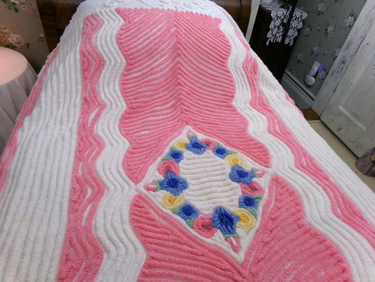 plush cozy vintage chenille coverlet, ideal as a small lap blanket or cottage style decorative throw
