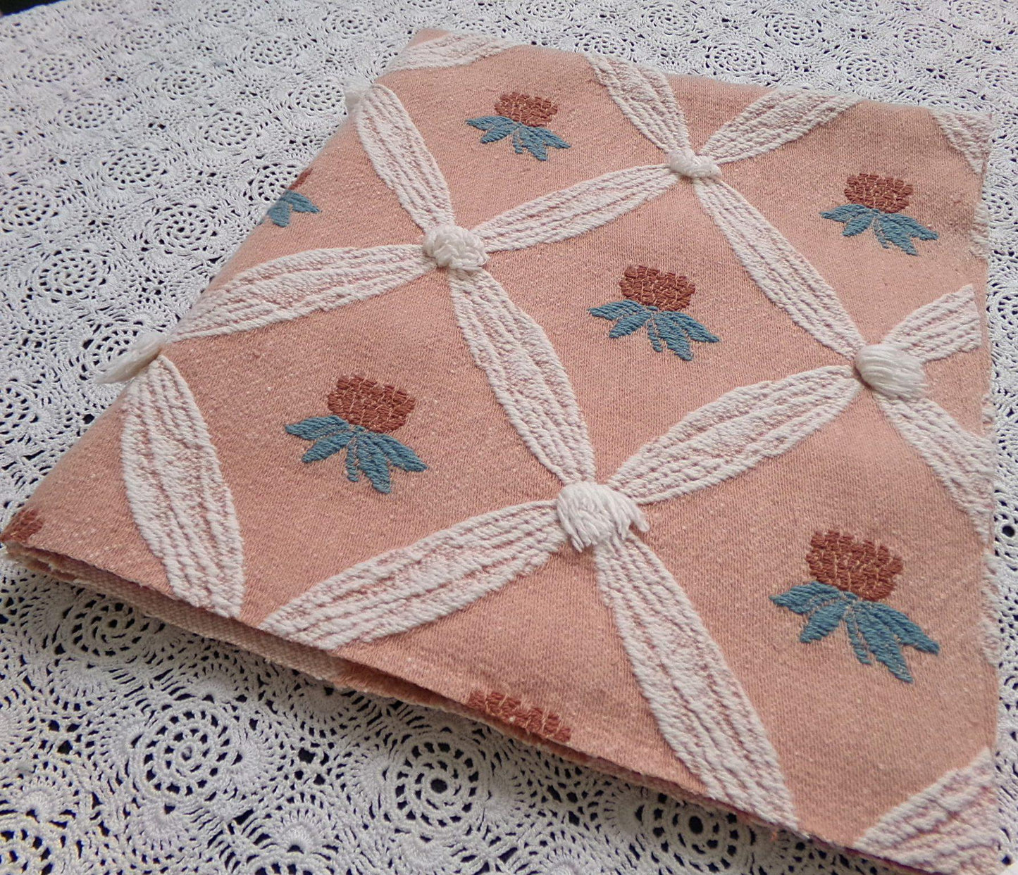 Pineapple Floral Vintage Woven Fabric Textured Chenille Button Design 23" x 20" Reversible