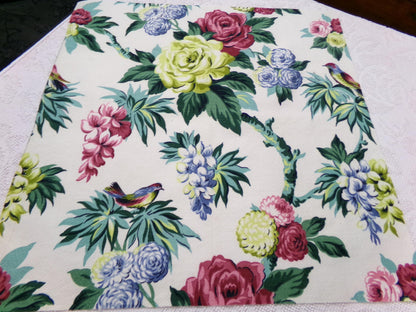 Vintage Barkcloth Fabric 22 x 22" Botanical Floral Exotic Birds Rose Peony Chinoiserie Mid Century