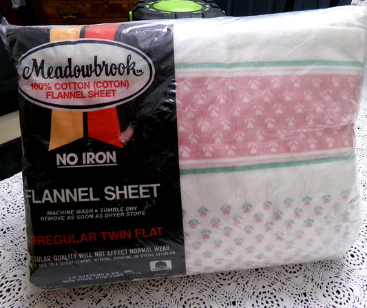 Vintage Twin Flannel Flat Sheet Floral Tulip Heart Design Pink Green White, 100% Cotton