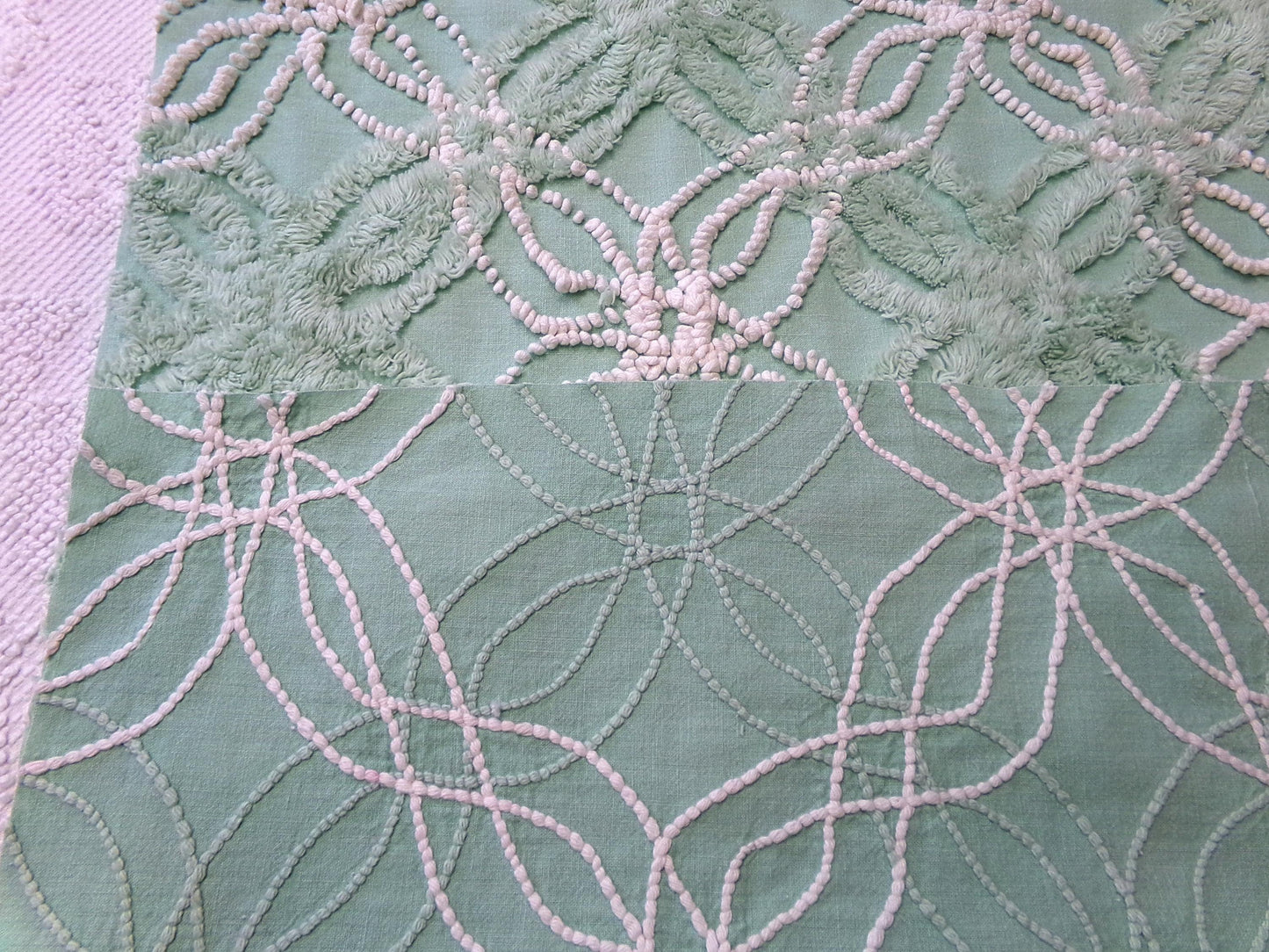creamy jade green vintage chenille fabric: 17" x 25" piece w/ contrast spider rings for sewing, crafts