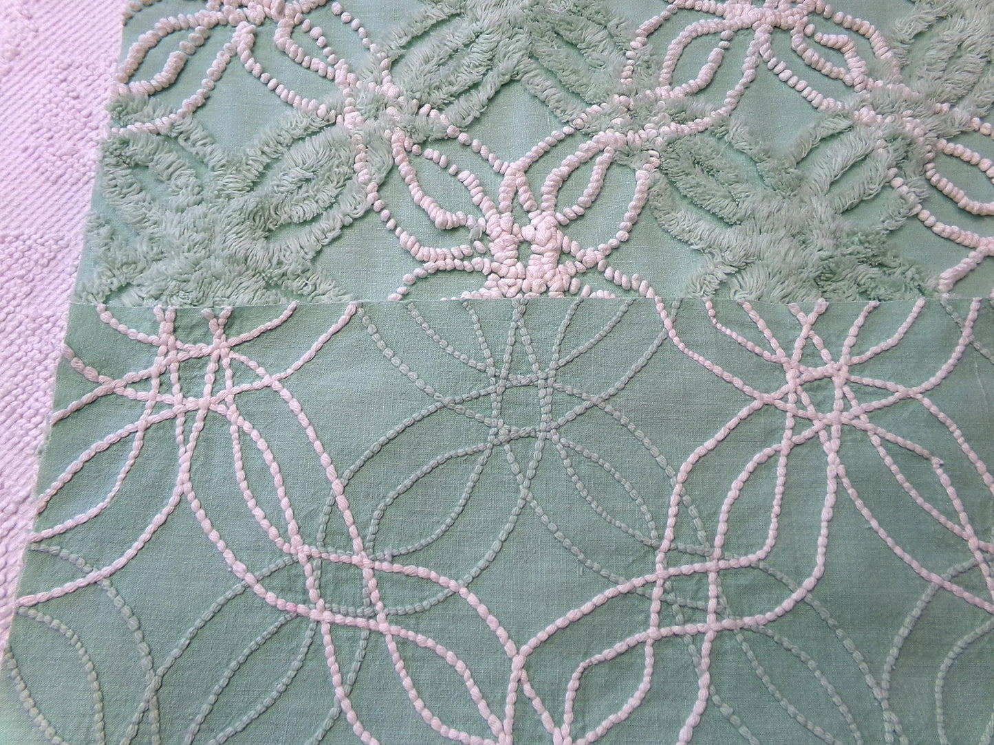 trendy jade green vintage chenille fabric: 18" x 24" piece w/ contrast spider rings for quilting, crafts