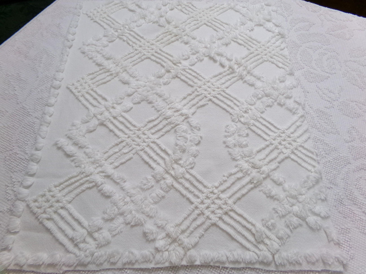 Wintry White Vintage Chenille Fabric Piece, Needletuft Sewing & Quilt Material, 18" x 22"