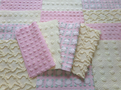 cheerful spring chenille fabric squares, set of 16 vintage pink & yellow quilt blocks 6" ea, rosebud, squiggles for crafts, quilting