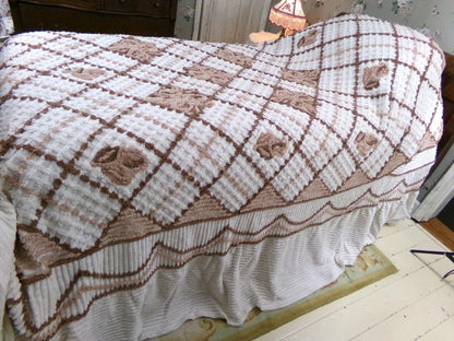 vintage full size chenille bedspread, chocolate brown roses, boxed & fitted design