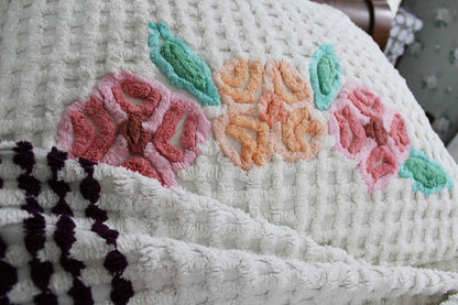Simple Plush White Vintage Chenille Bedspread, Tropical Flowers on Waffle Tufts, Full Size