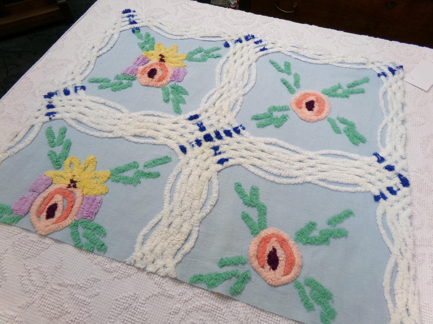 Vintage Blue Floral Chenille Bedspread Fabric, coastal chic sewing material, 21" x 25"