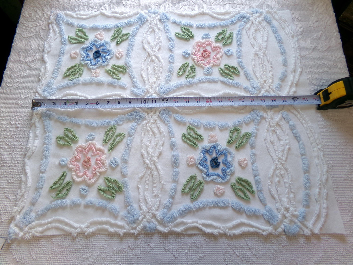 Shabby Cottage Chic Vintage Chenille Fabric, 25" x 21" Piece of White Pink Blue Floral Cotton Sewing Material, Upcycle into Pillows, Quilts