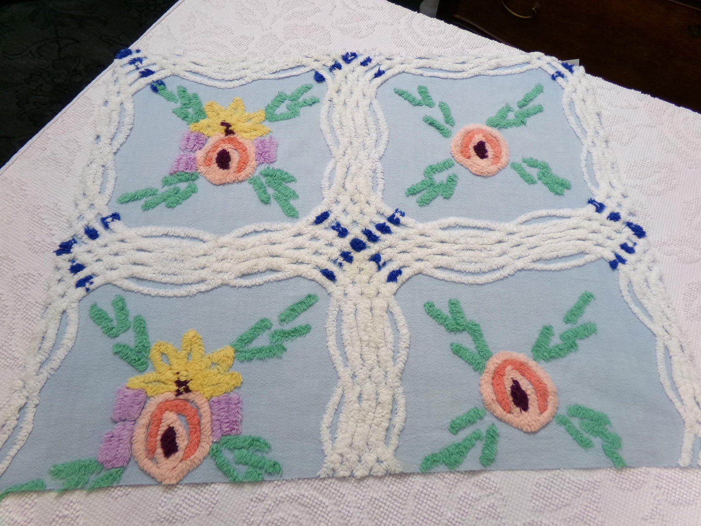 Vintage Blue Floral Chenille Bedspread Fabric, coastal chic sewing material, 21" x 25"