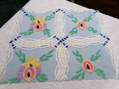 Vintage Blue Floral Chenille Bedspread Fabric, coastal chic sewing material, 21" x 25"