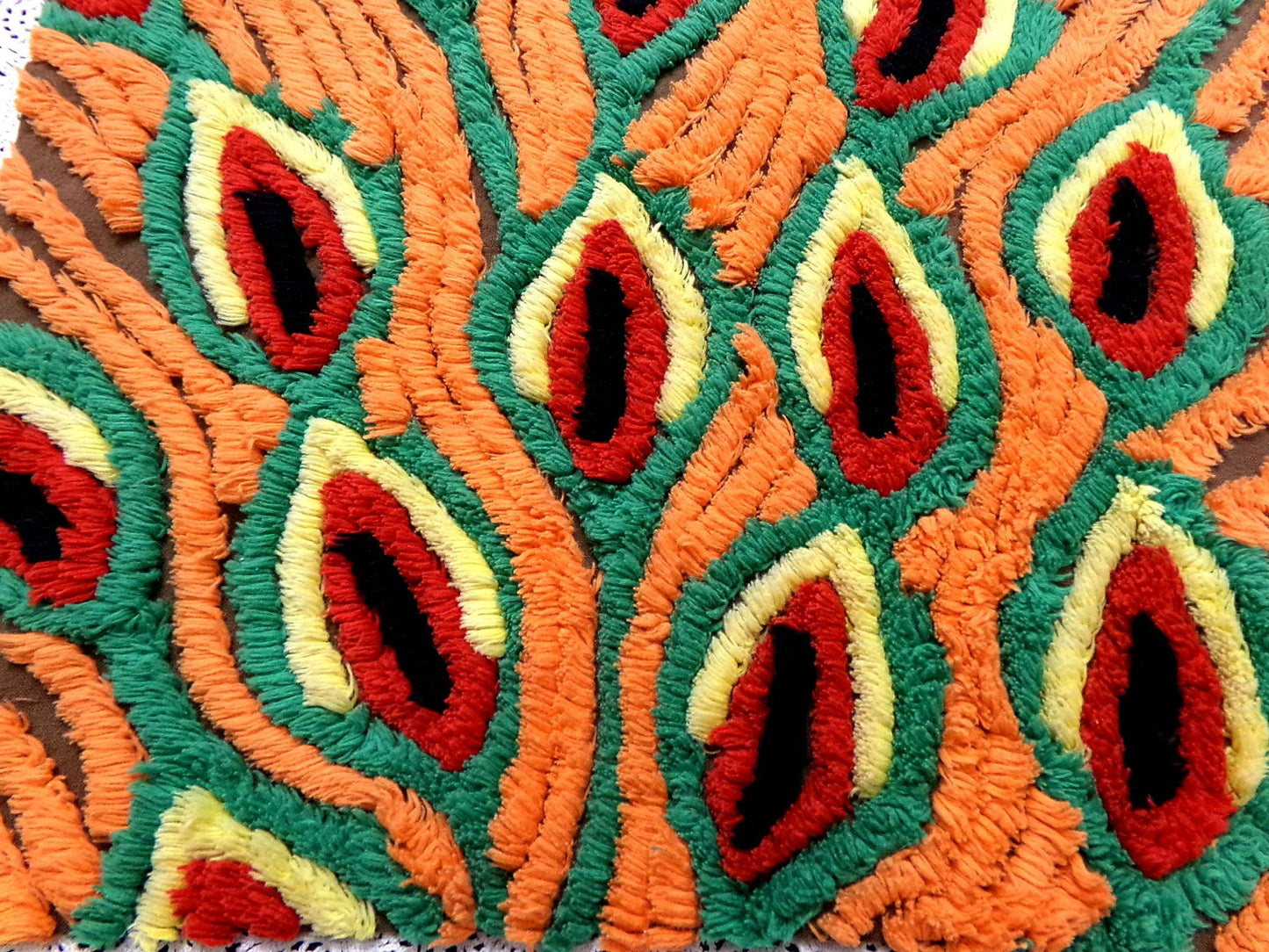 flame feathers vintage chenille bedspread fabric boho peacock plumes brown orange 14x20"