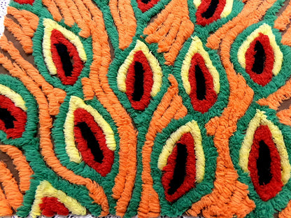 flame feathers vintage chenille bedspread fabric boho peacock plumes brown orange 14x20"