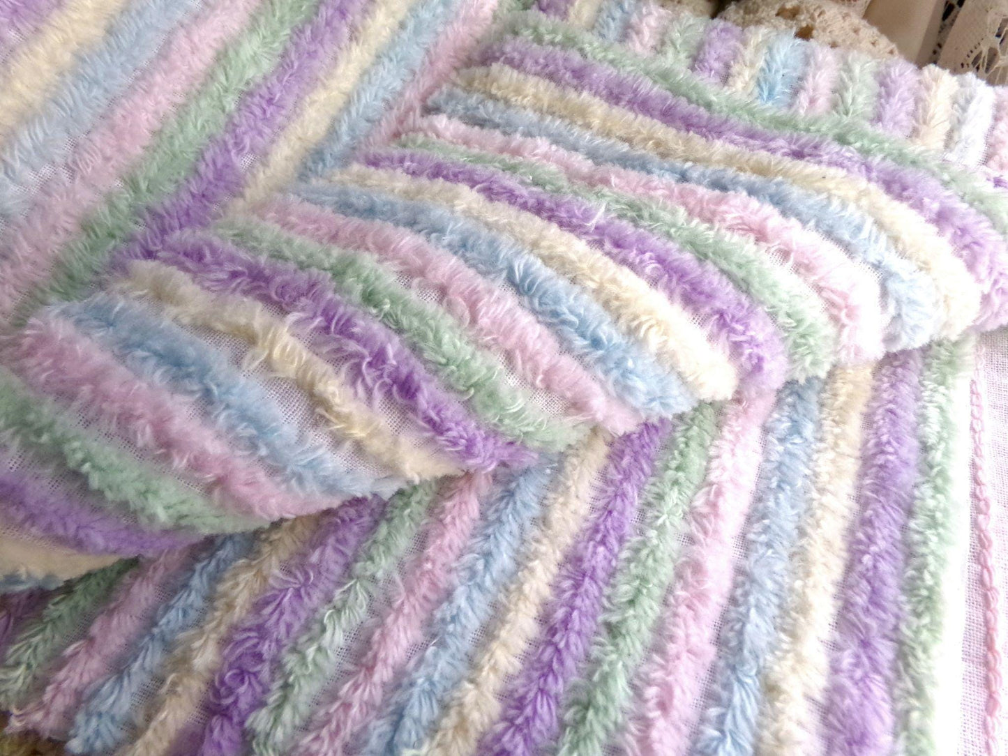 Pastel Rainbow Stripes Vintage Chenille Fabric, 18" x 24" inch Piece, Pretty in DIY Pillows, Handmade Quilts