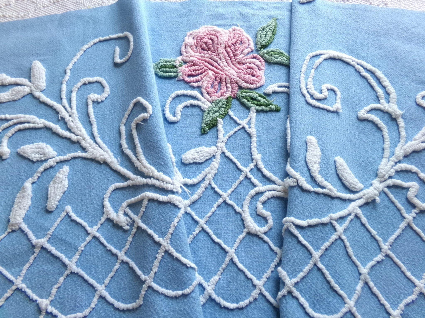shabby cottage rose vintage chenille fabric, blue white floral sewing material, 15" x 30" piece