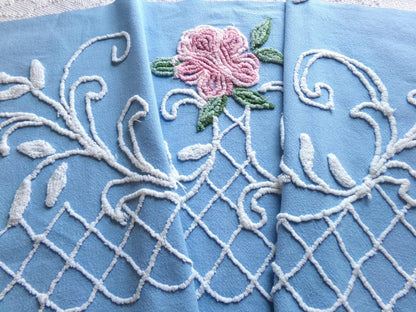 shabby cottage rose vintage chenille fabric, blue white floral sewing material, 15" x 30" piece