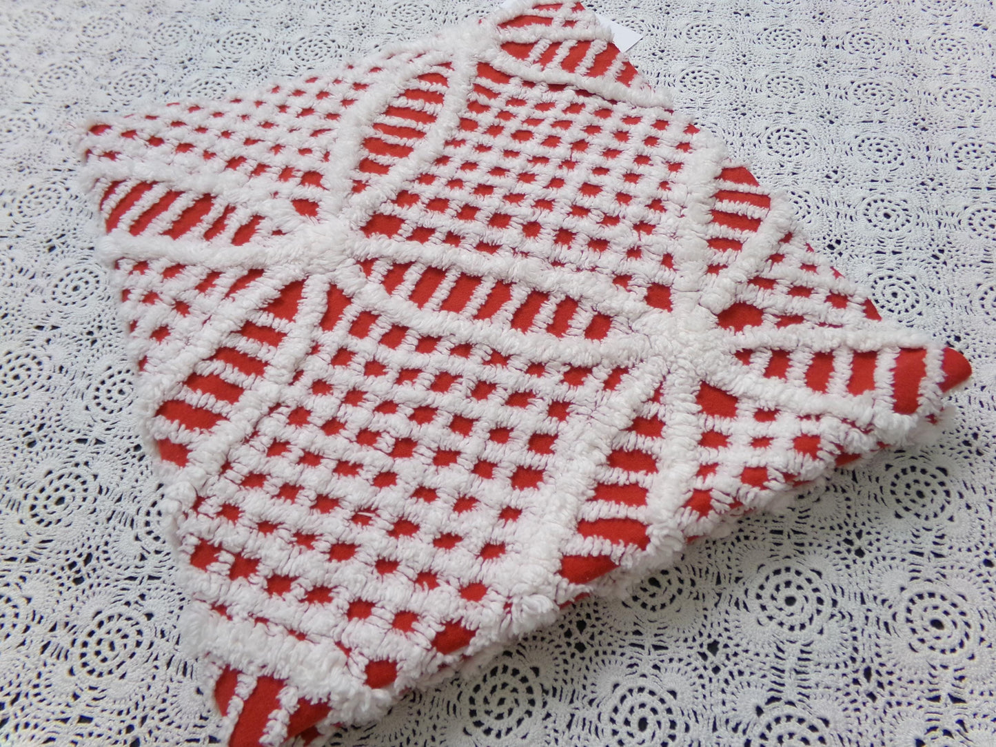 red & white vintage chenille fabric, geometric design 20" x 24" piece quilt material