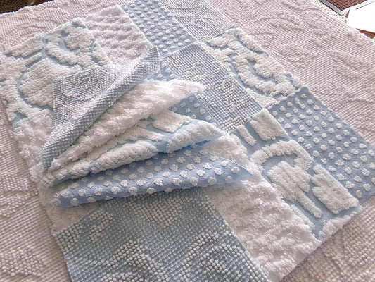 coastal chill chenille fabric squares, cool blue & white dot, diamond geometric patterns, set of 16 vintage quilt blocks 6" each for sewing