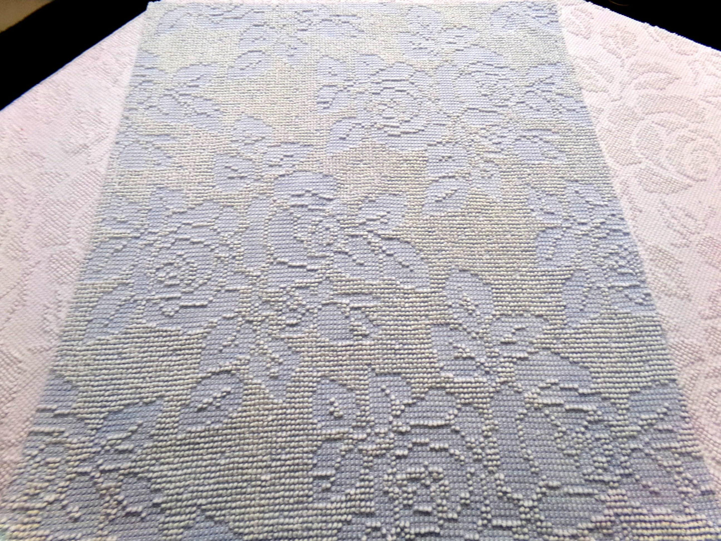 vintage hobnail rose fabric, blue & white woven chenille floral dot design, 19" x 24" piece