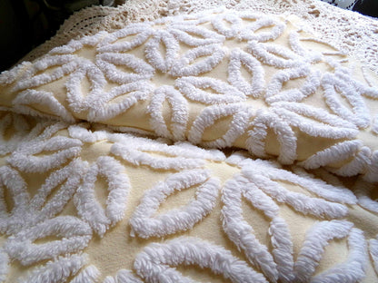 Vintage Chenille Fabric Piece, Gentle Golden Yellow & White Daisy, 24" x 20" inches, Pretty in Quilts, Pillows, Doll Blankets