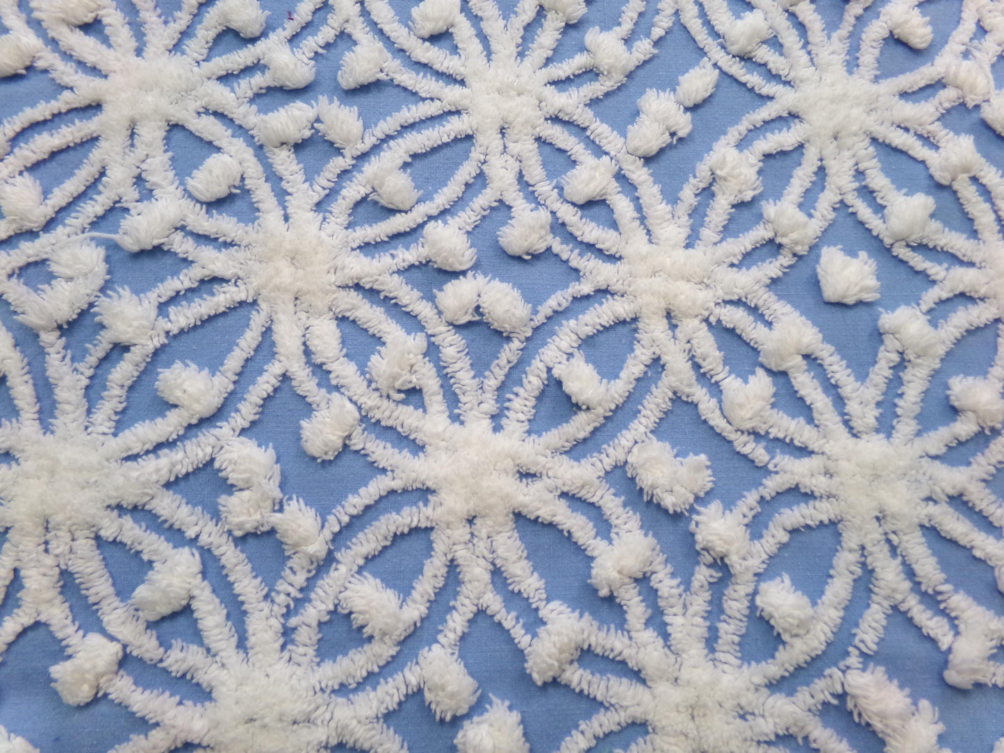 Blue & White Vintage Chenille Fabric Dimensional Snowflake Dots Quilting Craft Supply, 20" x 24"