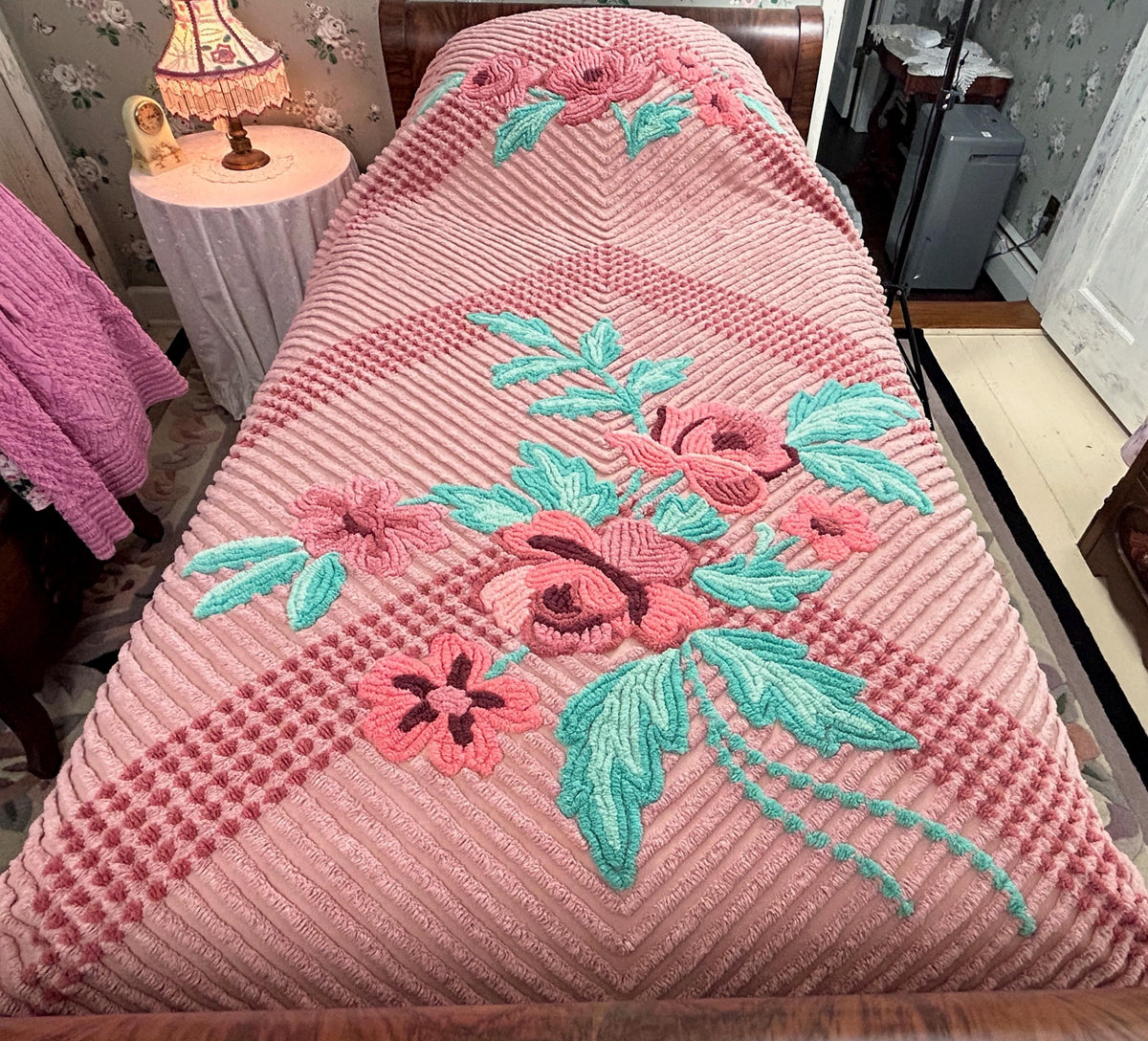 Vintage Chenille Bedspread Twin Dusty Pink Aqua Floral Bouquet Cottage Shabby
