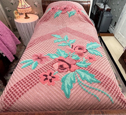 Vintage Chenille Bedspread Twin Dusty Pink Aqua Floral Bouquet Cottage Shabby