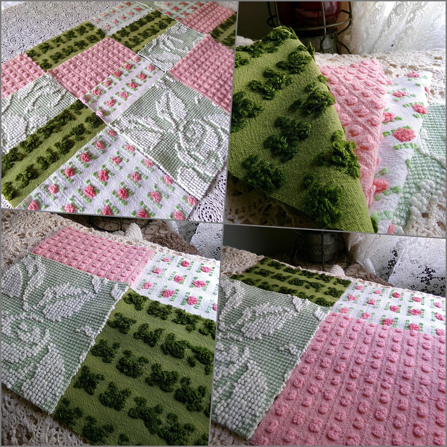 Olive & Rose Chenille Fabric Squares, Set of 16 Vintage Quilt Blocks, 6" x 6" inches each, for Quilting, Sewing, Pillows