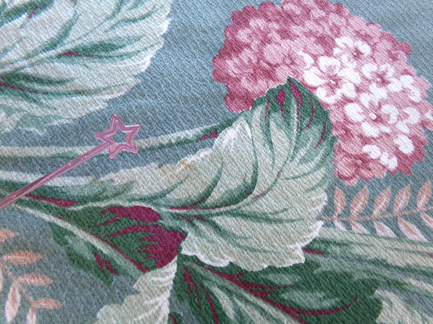 Vintage Style Hydrangea Barkcloth Fabric Piece, 27" x 23" inches, Pink Floral on Green, Great for Shabby Chic Pillows
