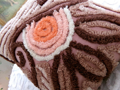 Sunset Rose Boho Vintage Chenille Pillow Cover & Insert, 13" x 14" inches, Handmade Decorative Accent Pillow, Hippie Home Decor