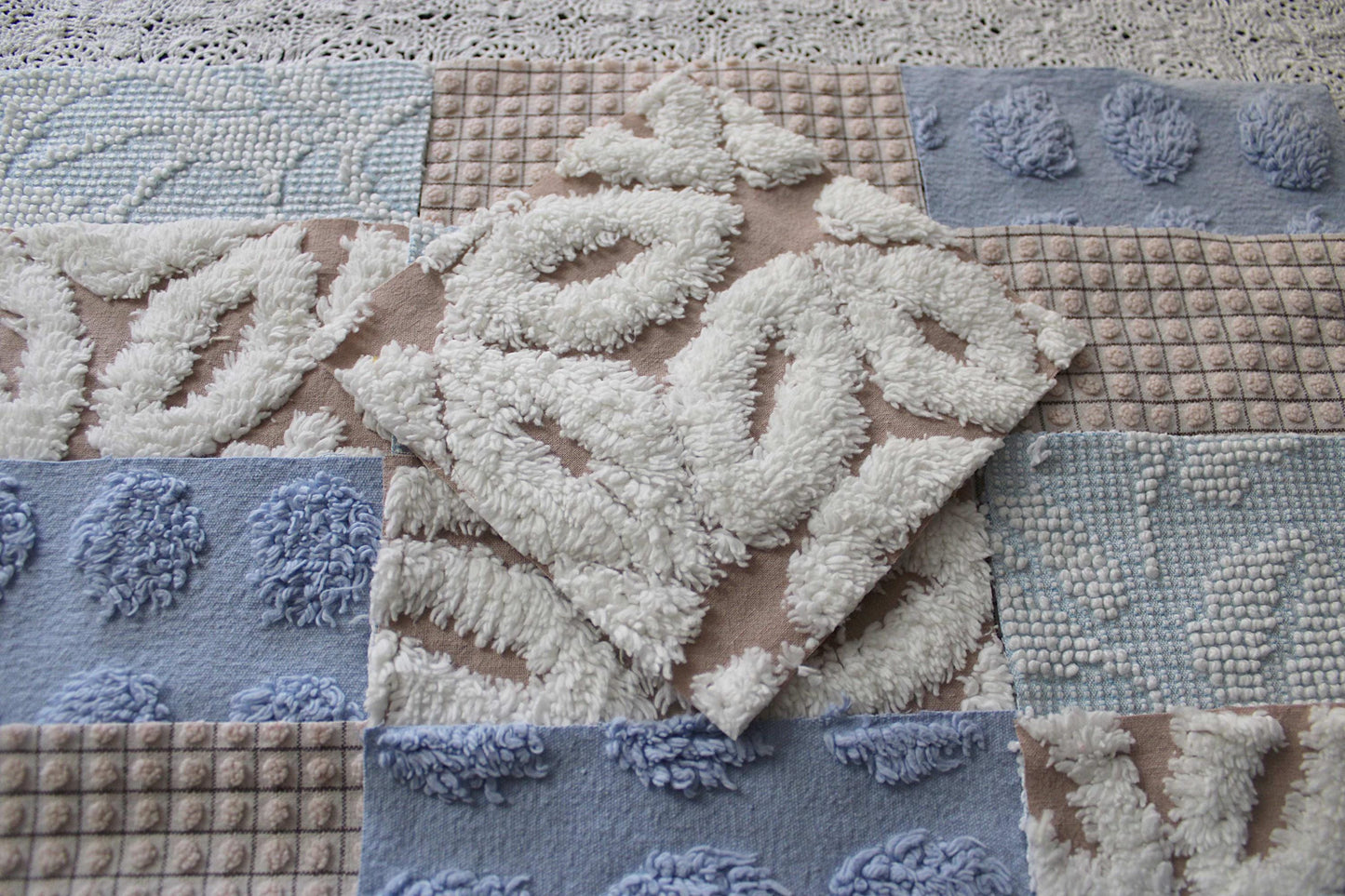sky & sand vintage chenille fabric squares, set of 16 quilt blocks 6" each, modern dot, hobnail, geometric in blue, white, sand