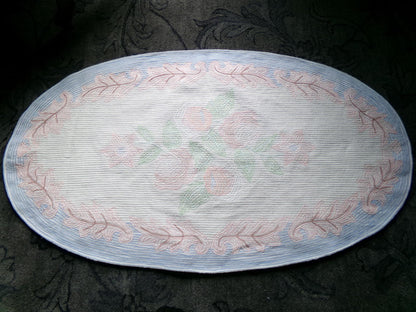 Vintage Shabby Cottage Chenille Rug, Lovely Muted Rose Florals & Pink Leaves, Cotton Bed Bath Accent Mat, Oval Shape, Large Size 25"W x 44"L