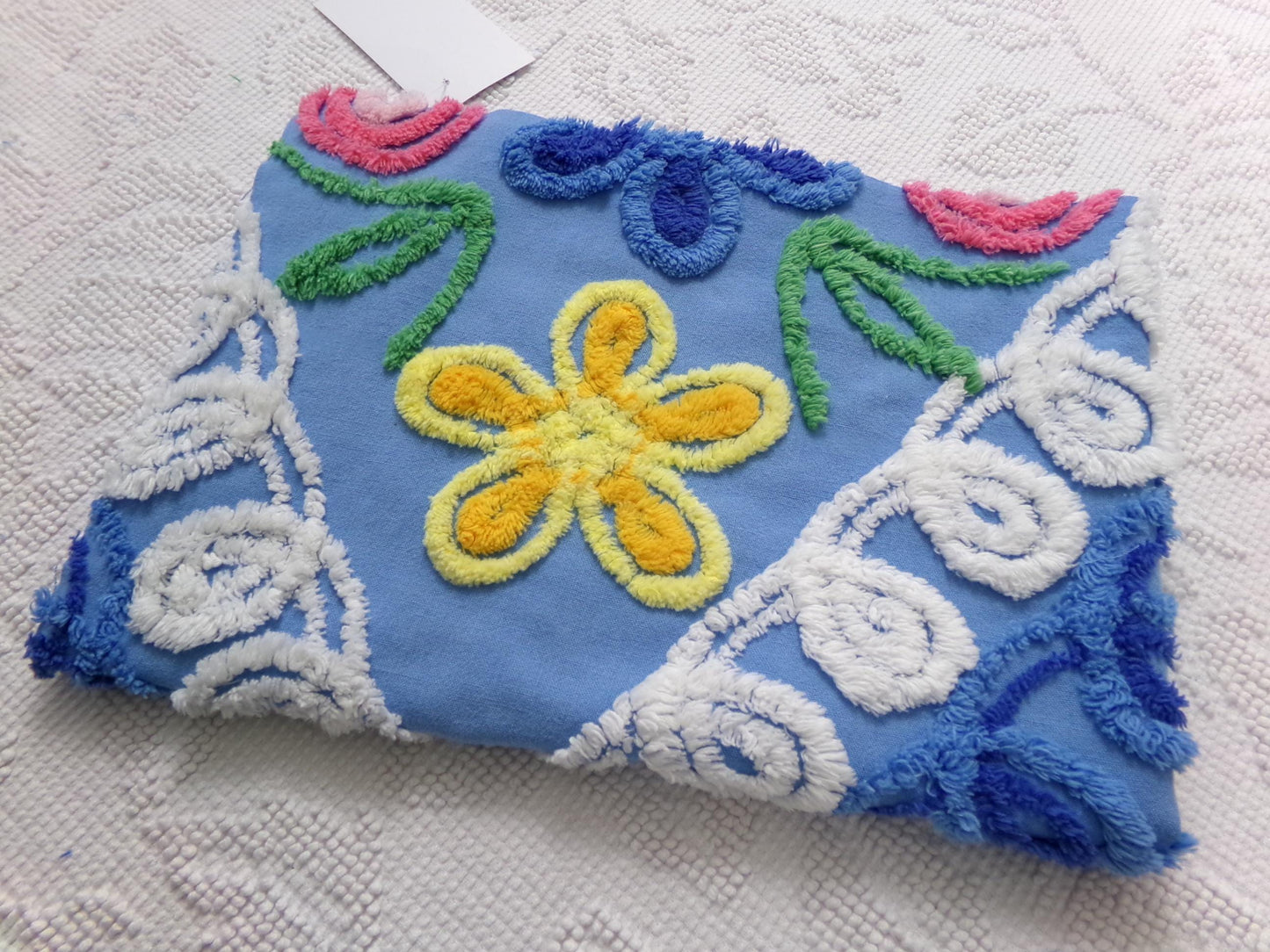 Vintage Chenille Bedspread Fabric, Boho Coastal Blue & White 16" x 23" Piece Sewing Material