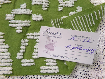 Boho Vintage Chenille Bedspread Fabric, 70s Green White Daisy 19x26" Lightweight Pc