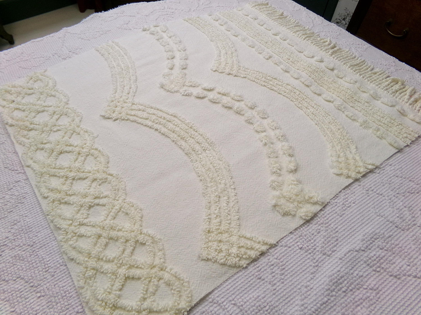 Elegant Vintage Chenille Fabric, Timeless Needletuft Design w/ Fringe Edge, 18" x 21.5" Piece Craft & Quilt Material